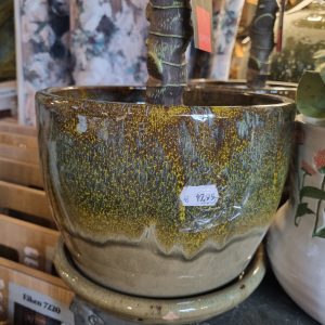 Groen geel gemêleerd aardewerk geglazuurd plant pot bloem vaas, Ter Steege, kan ook buiten gebruikt worden met vaste schotel eronder , rond Ø23 x 18 hoog cm. (op voorraad) V1