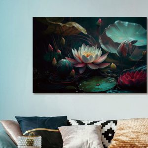 Blauw groen roze foto achter glas schilderij met 3D reliëf, Ter halle, Waterplanten , Breed :120 Hoog 80 cm. inclusief de ophang armaturen ( op voorraad ) v1