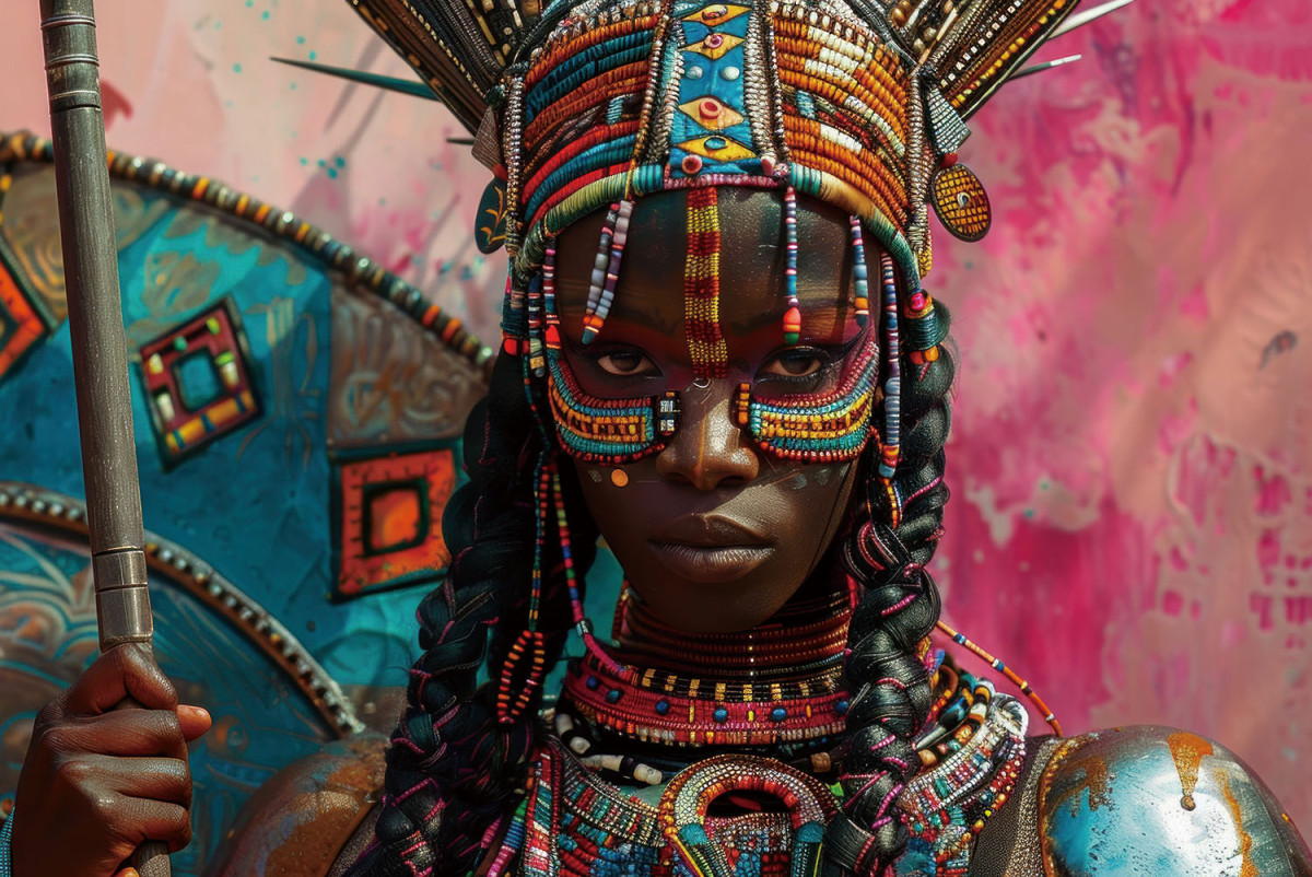 Roze blauw foto achter glas schilderij met 3D reliëf, Ter halle, Afrikaanse vrouw , Breed :120 Hoog 80 cm. inclusief de ophang armaturen ( op voorraad ) v1 - Afbeelding 2