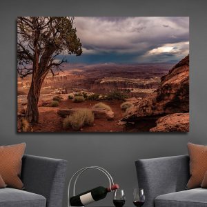 Bruin blauw foto achter glas schilderij met 3D reliëf, Ter halle, Landschap Canyon , Breed :120 Hoog 80 cm. inclusief de ophang armaturen ( op voorraad ) v1