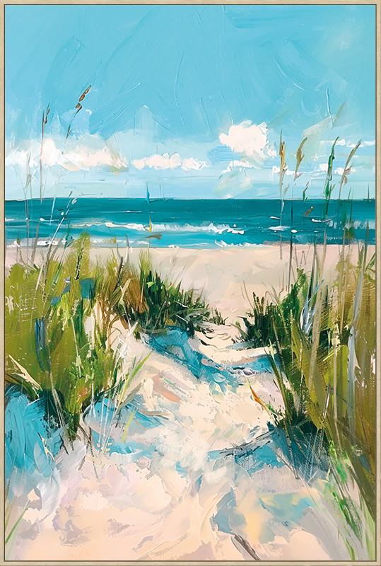 Blauw groen zand canvas met handgeschilderd strand in lijst, Ter halle, Canvas incl. lijst Handgeschilderd 'Strand' , Breed :80 Hoog 120 cm. inclusief de ophang armaturen ( op voorraad ) v1 - Afbeelding 2