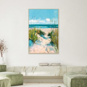 Blauw groen zand canvas met handgeschilderd strand in lijst, Ter halle, Canvas incl. lijst Handgeschilderd 'Strand' , Breed :80 Hoog 120 cm. inclusief de ophang armaturen ( op voorraad ) v1