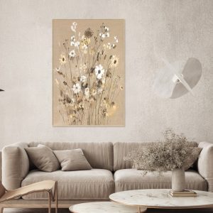Beige canvas met handgeschilderde bloemen in lijst, Ter halle, Canvas incl. lijst Handgeschilderd 'Bloemetjes' , Breed :80 Hoog 120 cm. inclusief de ophang armaturen ( op voorraad ) v1