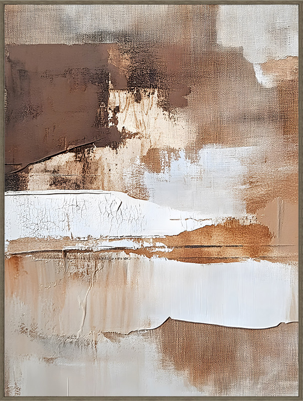 bruin wit beige gemêleerd canvas met handgeschilderde kleuren vlakken in lijst, Ter Halle, Canvas incl. lijst Handgeschilderd 'Bruin/wit' , Breed :60 Hoog 80 cm. inclusief de ophang armaturen ( op voorraad ) v1 - Afbeelding 2