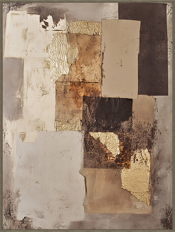 Bruin beige zand gemêleerd canvas met handgeschilderde kleuren vlakken in lijst, Ter Halle, Canvas incl. lijst Handgeschilderd 'Donkere vlakken' , Breed :60 Hoog 80 cm. inclusief de ophang armaturen ( op voorraad ) v1 - Afbeelding 2