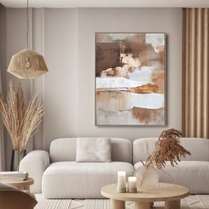 bruin wit beige gemêleerd canvas met handgeschilderde kleuren vlakken in lijst, Ter Halle, Canvas incl. lijst Handgeschilderd 'Bruin/wit' , Breed :60 Hoog 80 cm. inclusief de ophang armaturen ( op voorraad ) v1