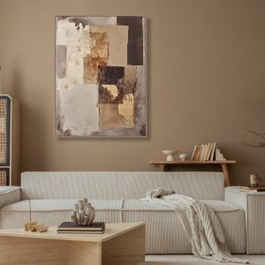 Bruin beige zand gemêleerd canvas met handgeschilderde kleuren vlakken in lijst, Ter Halle, Canvas incl. lijst Handgeschilderd 'Donkere vlakken' , Breed :60 Hoog 80 cm. inclusief de ophang armaturen ( op voorraad ) v1