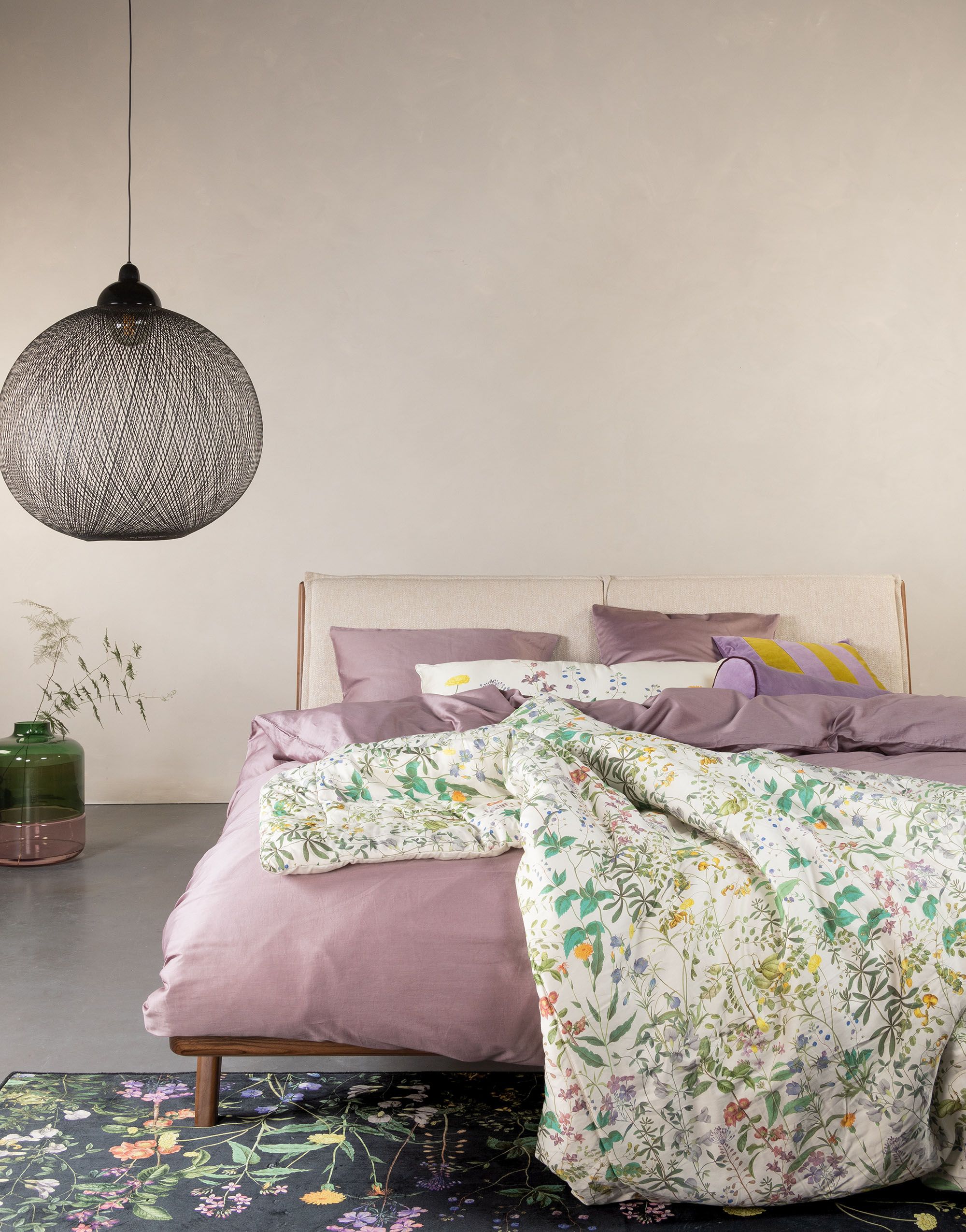 Crème groen met bloemen afdruk, plaid, sprei, wand, kleed, doek, 100% biologisch katoen satijn, Essenza, Augustina Vanille Sprei , 270x265 cm, (op voorraad) V1 - Afbeelding 2