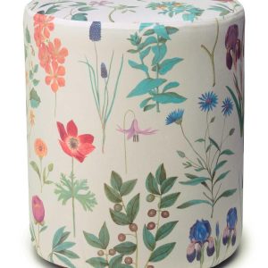 Creme met bloemen poef/hocker/bijzettafel, 100% Polyester fluweel, Essenza, Marigold Vanille Poef,43 hoog en doorsnede 40 (op voorraad) V1