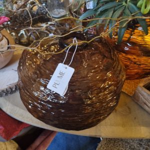 Bruin glas geblazen hand gevormd plant pot bloem vaas, Plume windlicht doorzichtig, Vase Timber , rond Ø 30 x 24 hoog cm. (op voorraad) V 1