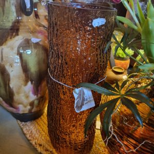 Bruin glas geblazen hand gevormd plant pot bloem vaas, Plume windlicht doorzichtig, Vase Barkon , rond Ø 16 x 40 hoog cm. (op voorraad) V2