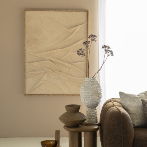 Beige gevouwen canvas doek schilderij met houten lijst, By boo, Veck 90x120 cm - beige, wanddoek kleed/ schilderij, Afmetingen (BxDxH): 90x4,9x120 cm ( op voorraad) V1