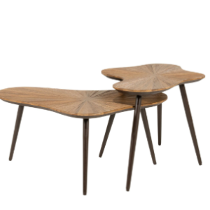 Bruin teak houten salon tafel set organische vorm gegeven schuiven over elkaar, By boo, Loma set groot en klein Afmetingen (BxDxH): 78x57x35 cm / 76x49x43 cm (op voorraad) v1