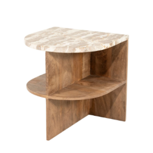 Bruin mango houten onderstel en marmeren bovenblad, bijzet plant tafel, By Boo, Marwood Afmetingen (BxDxH): 44x44x46 cm (op voorraad) V1