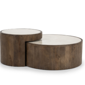 Bruin beige, gekleurd mango houten salon tafel met marmeren blad, Eleonora, genaamd hazel, salontafel set 2 delig ook los te verwerken draaien over elkaar heen  salon / bijzet / plant tafel Afmetingen (BxDxH):55x55x40 cm en  79x79x30 cm (op voorraad) V1