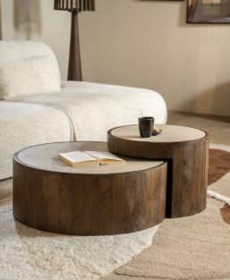 Bruin beige, gekleurd mango houten salon tafel met marmeren blad, Eleonora, genaamd hazel, salontafel set 2 delig ook los te verwerken draaien over elkaar heen salon / bijzet / plant tafel Afmetingen (BxDxH):55x55x40 cm en 79x79x30 cm (op voorraad) V1 - Afbeelding 2