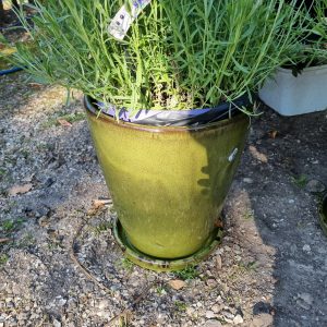 Groen bruin aardewerk geglazuurd  plant pot bloem vaas, Waterdrinker / Nieuwkoop, kan ook buiten gebruikt worden met vaste schotel eronder, rond 30 x 35 hoog cm. (op voorraad) V2