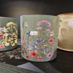 Groen roze glas met bloemen windlicht, vaas / pot / windlicht, Waterdrinker, rond Ø15 x 15 hoog cm.  (op voorraad) V3