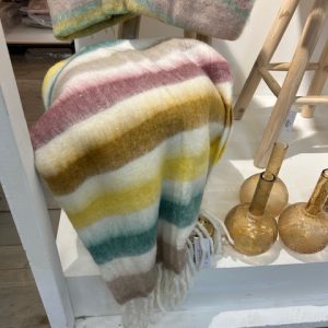 Geel blauw roze wit gemêleerd plaid, 65% acryl / 25% polyester / 10% wol, Go round Interior, wandkleed bed loper sprei kleed, Annbar mohair plaid, 170x130 cm (op voorraad) v1