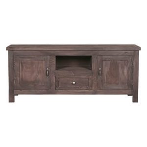 Bruin massief hout tv televisie wand meubel kast dressoir, Hoogendam Interiors by Mooss, : 2 deurs links en rechts  met in het midden een voorzien open deel en lade 1.25 lang 56 hoog en 41 diep  v0