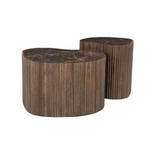 Bruin teak gekleurd houten salon tafel set van 2 organische gevorm met keramiek blad marmer look, van By boo, genaamd Nice - Brown 1: (BxDxH): 60x60x37 cm 2. : 42x42x42 cm (op voorraad) v1