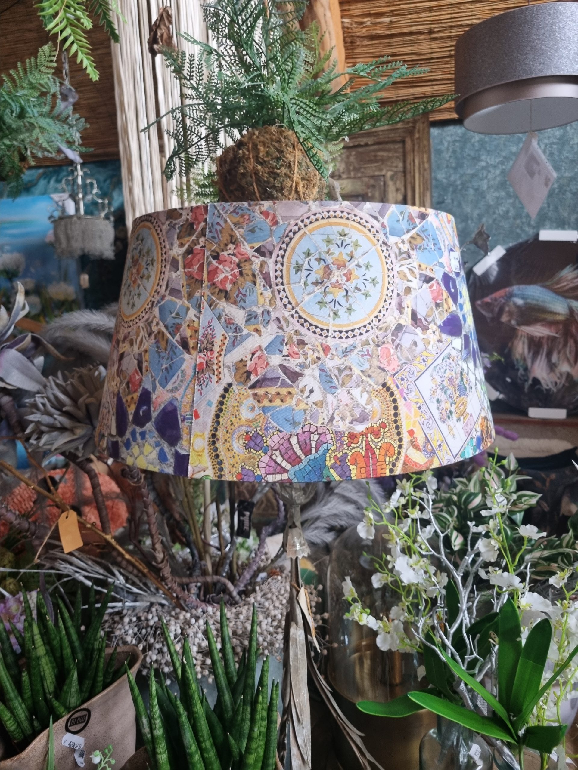 Blauw rood groen gemêleerd linnen lampenkap met mozaïek opdruk, Light & Living, voor op een staande voet, schijnt door, hoog 24 cm - diameter 45 cm, binnenkant wit (op voorraad) V1 - Afbeelding 3