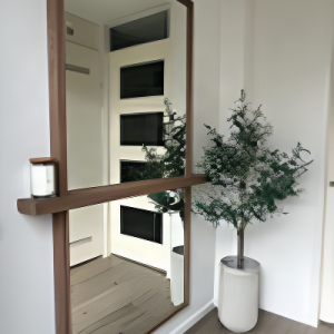 Bruin gefineerd hout spiegel, BRIK, met middenplank, Mirror libra style Afmetingen (BxDxH): 130 breed x 12,5 diep x 200 hoog V0