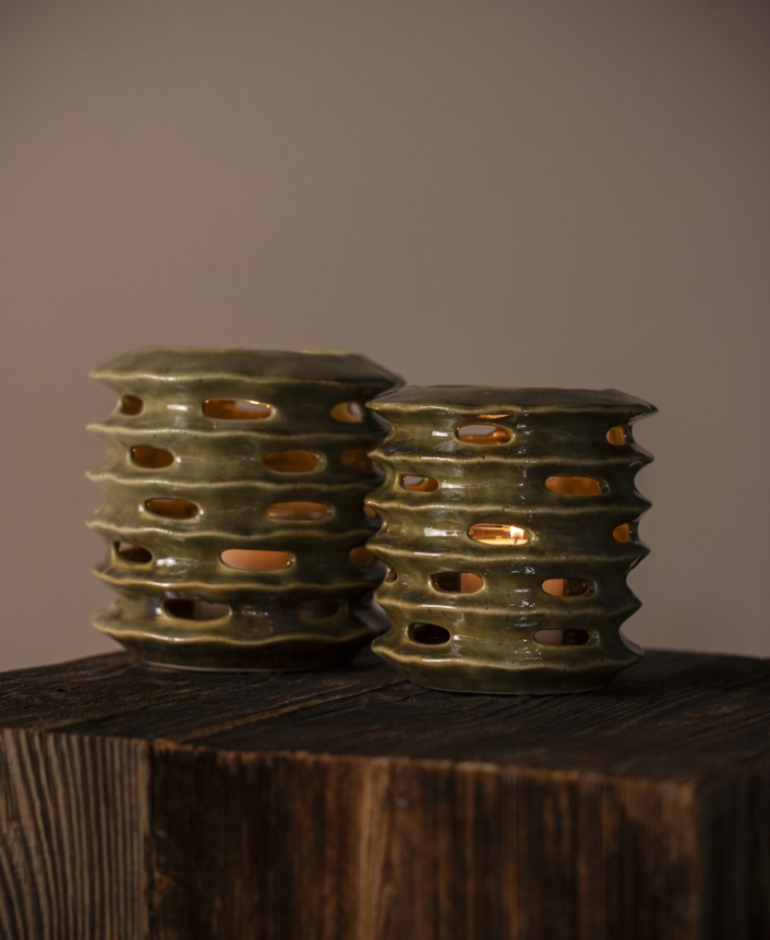 Groen, donkergroen van Isaa, genaamd Platax , groot, van steengoed bloem vaas plant pot windlicht (BxDxH): 16x16x15,5 cm (op voorraad) V6 - Afbeelding 4